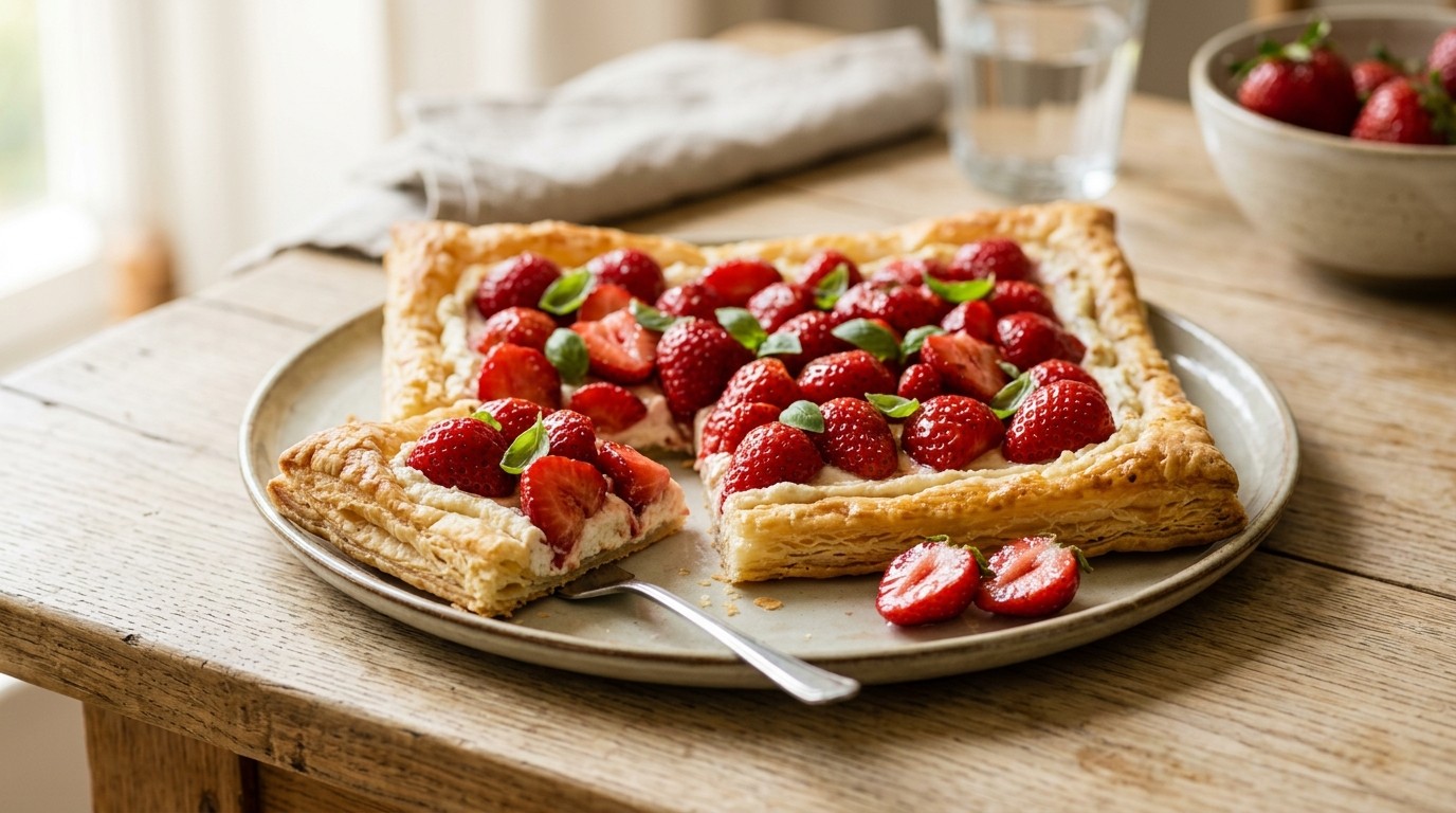 Taart van bladerdeeg met ricotta, basilicum en gemarineerde aardbeien