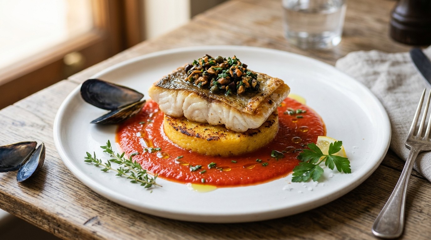 Taartje van polenta met zwarte koolvis en een tapenade van mosselen en gaspacho
