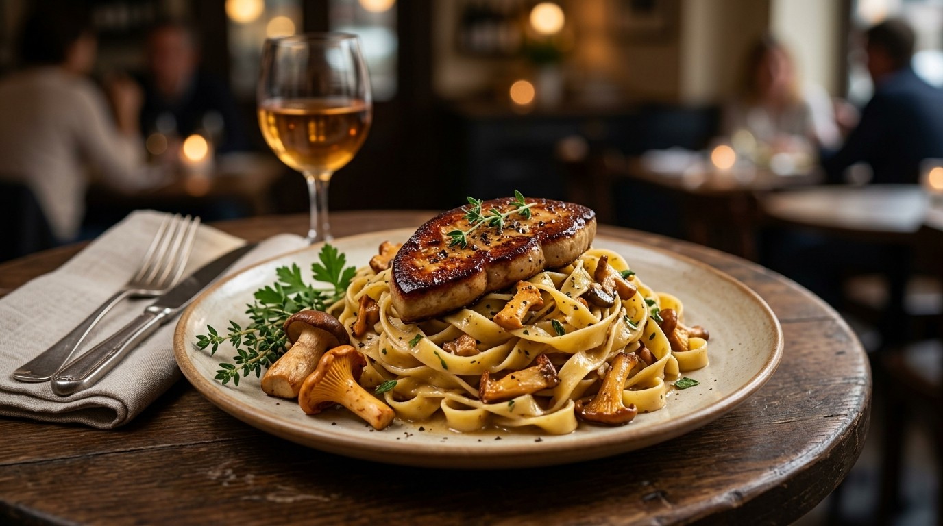 Tagliatelle met bospaddestoelen en ganzenlever