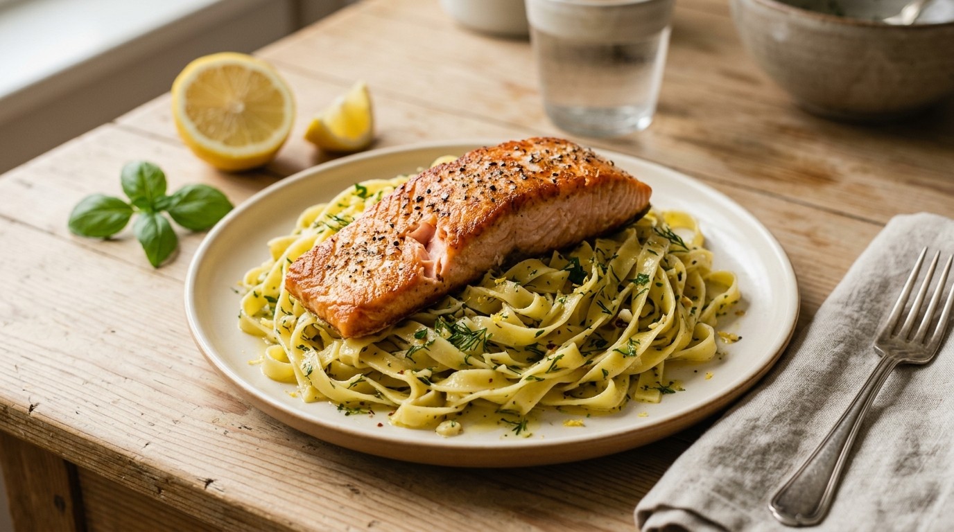 Tagliatelle met Citroen-kruidenolie en Gebakken Zalm