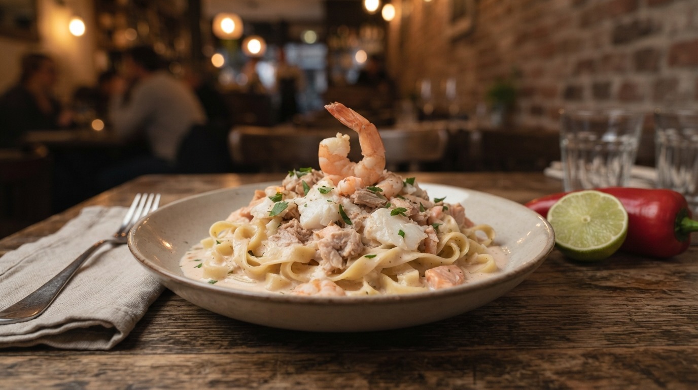 Tagliatelle met een variateit van vis en een romige vissaus