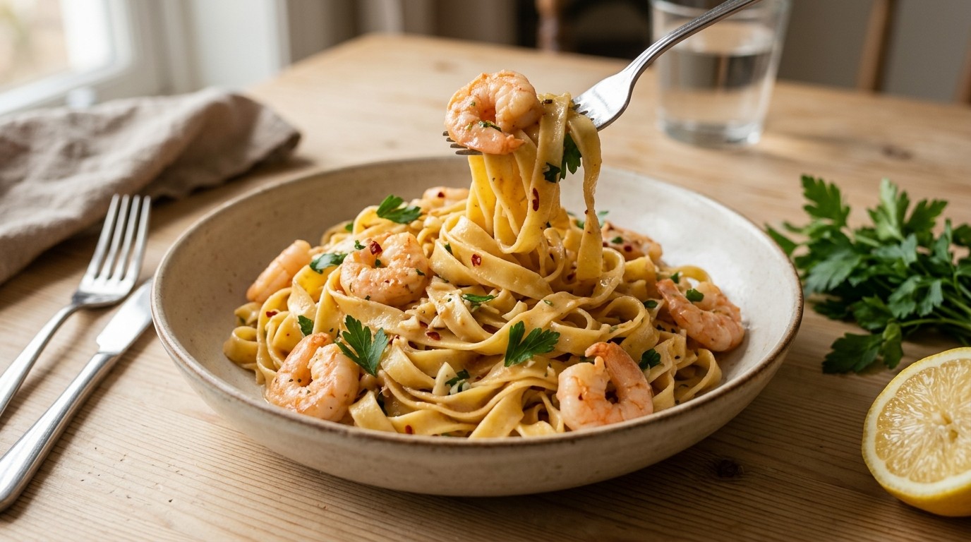 Tagliatelle met Garnalen in Lichte Saus
