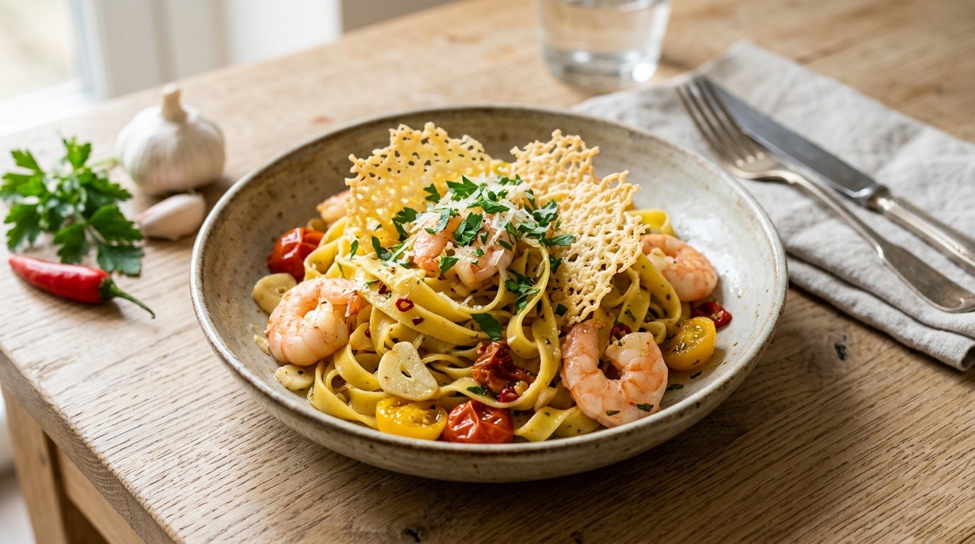 Tagliatelle met Garnalen, Knoflook, Chili en Kaaschips