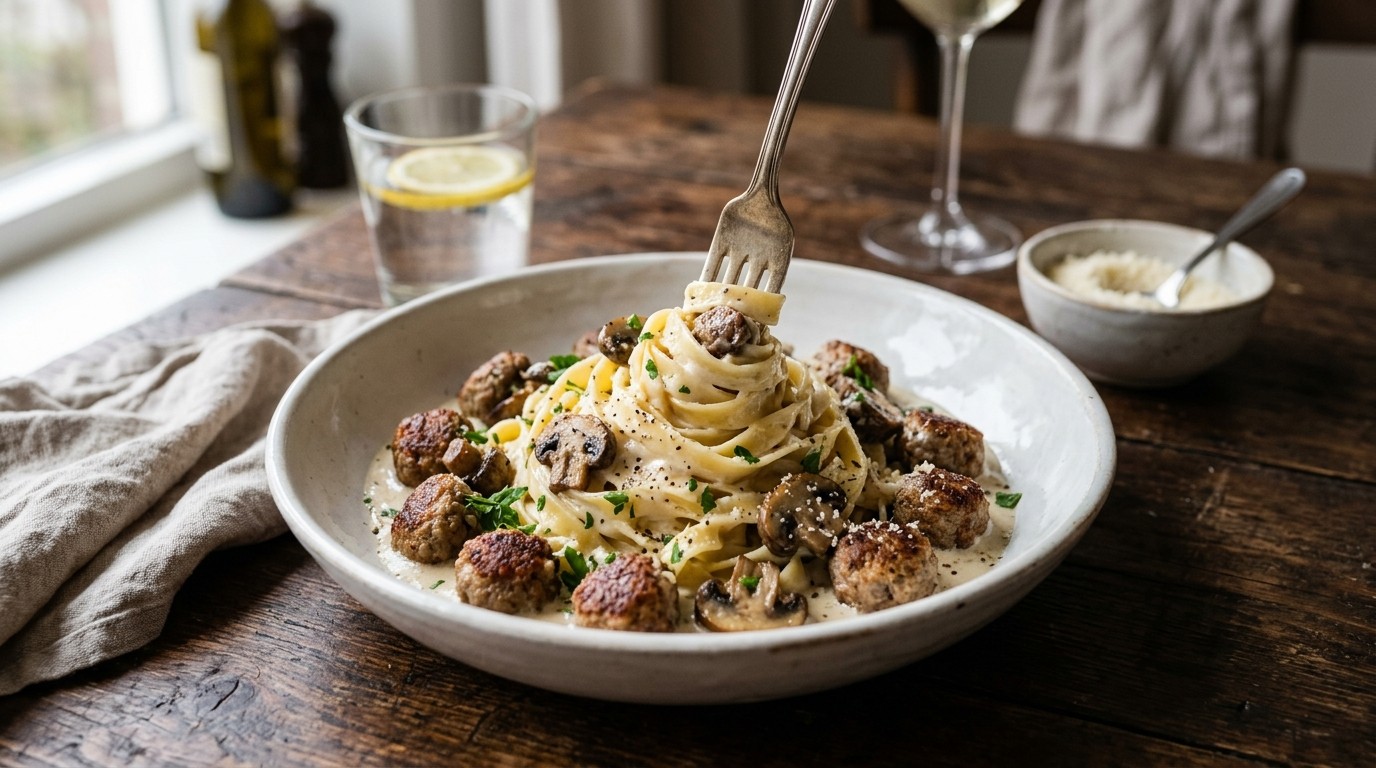 Tagliatelle met Gehaktballetjes en Roomsaus