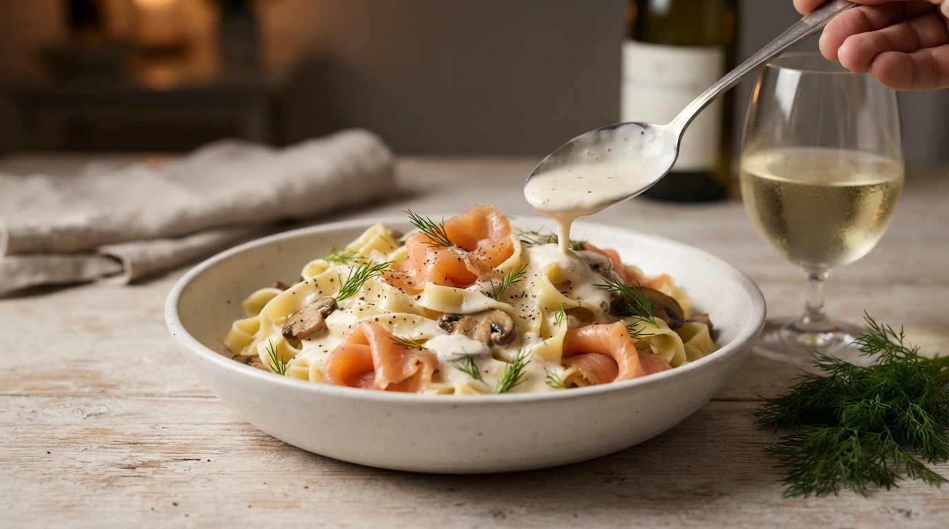 Tagliatelle met Gerookte Zalm en Witte Wijn-roomsaus
