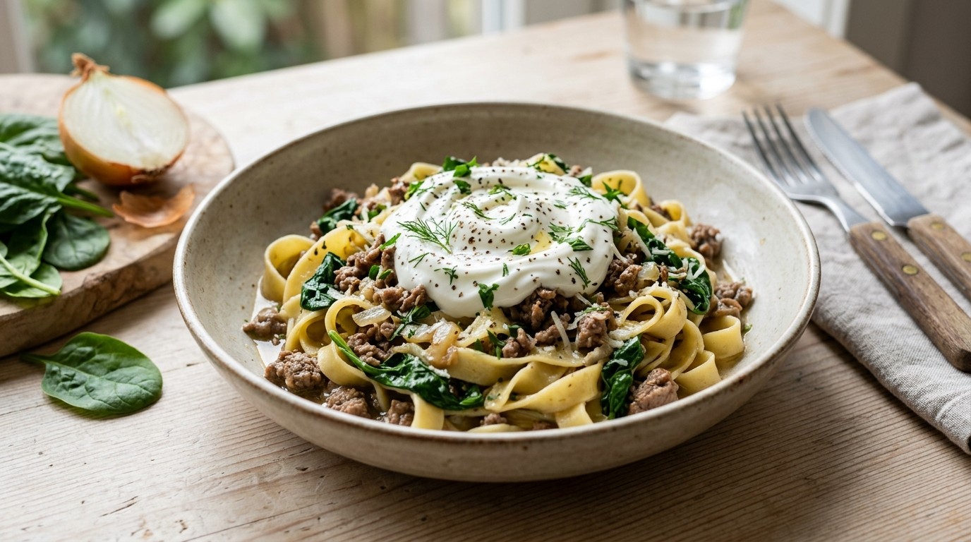 Tagliatelle met mager rundergehakt en yoghurt