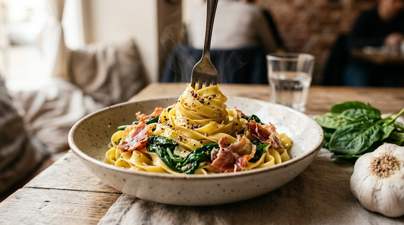 Tagliatelle met Parmaham en Spinazie
