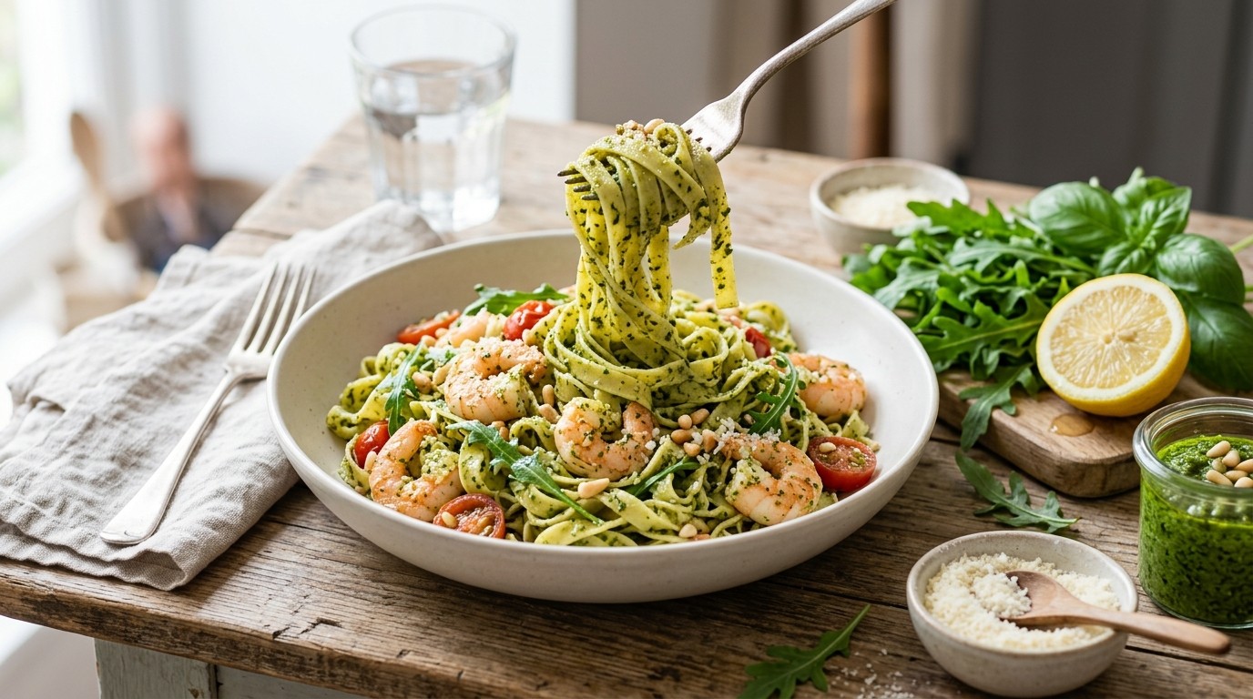 Tagliatelle met Rucolapesto en Garnalen