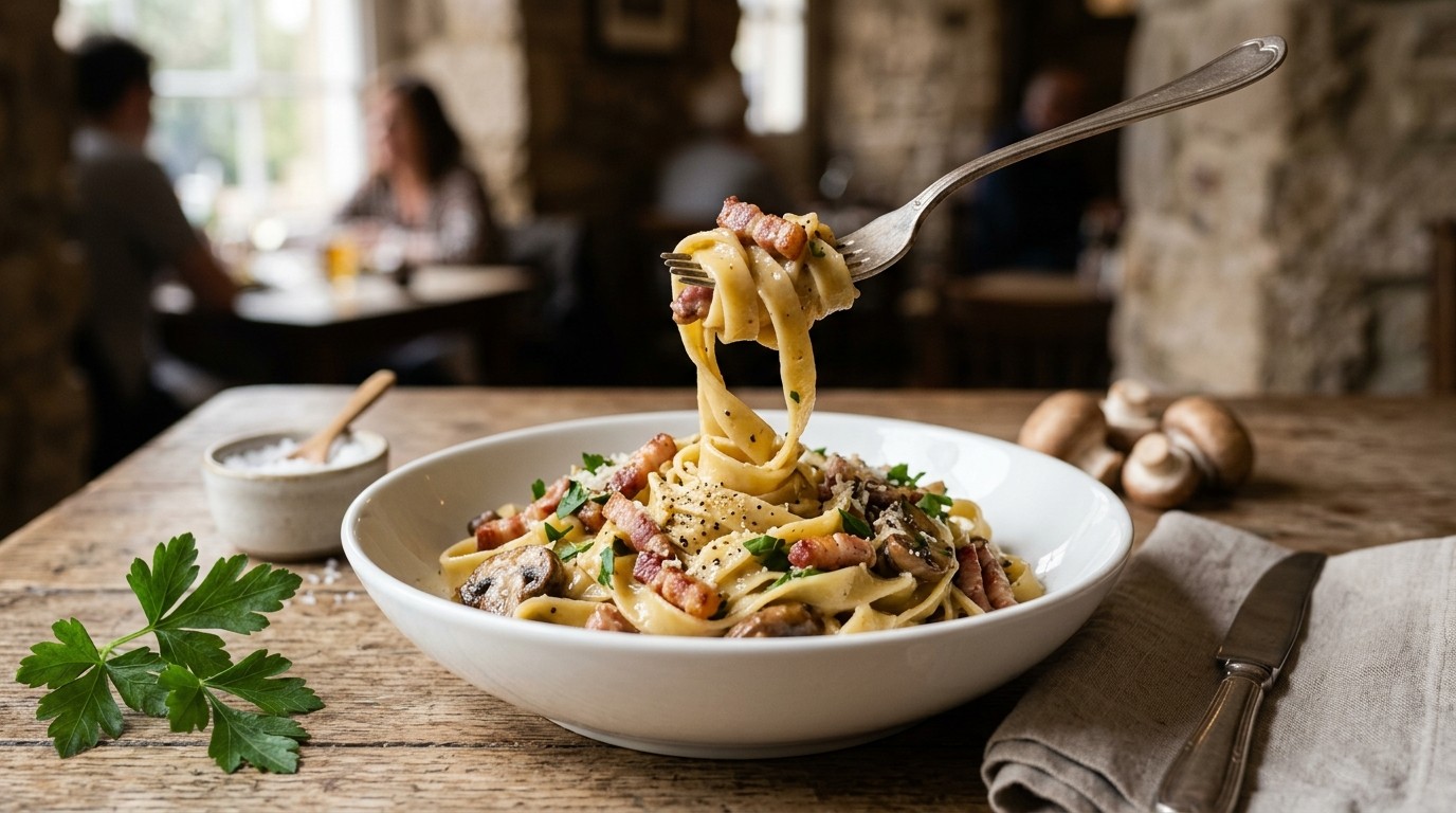 Tagliatelle met Spek en Tagliattella Roomsaus