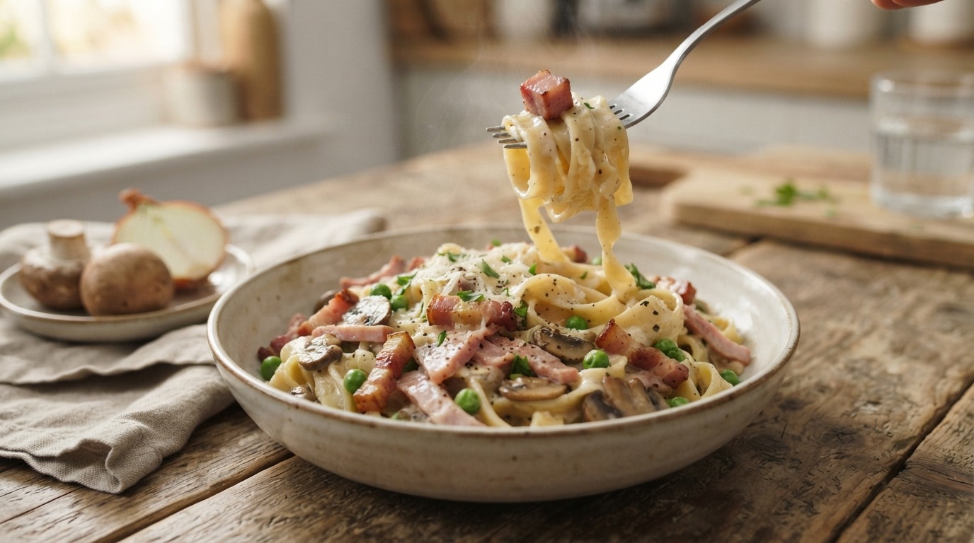 Tagliatelle met spekjes en ham