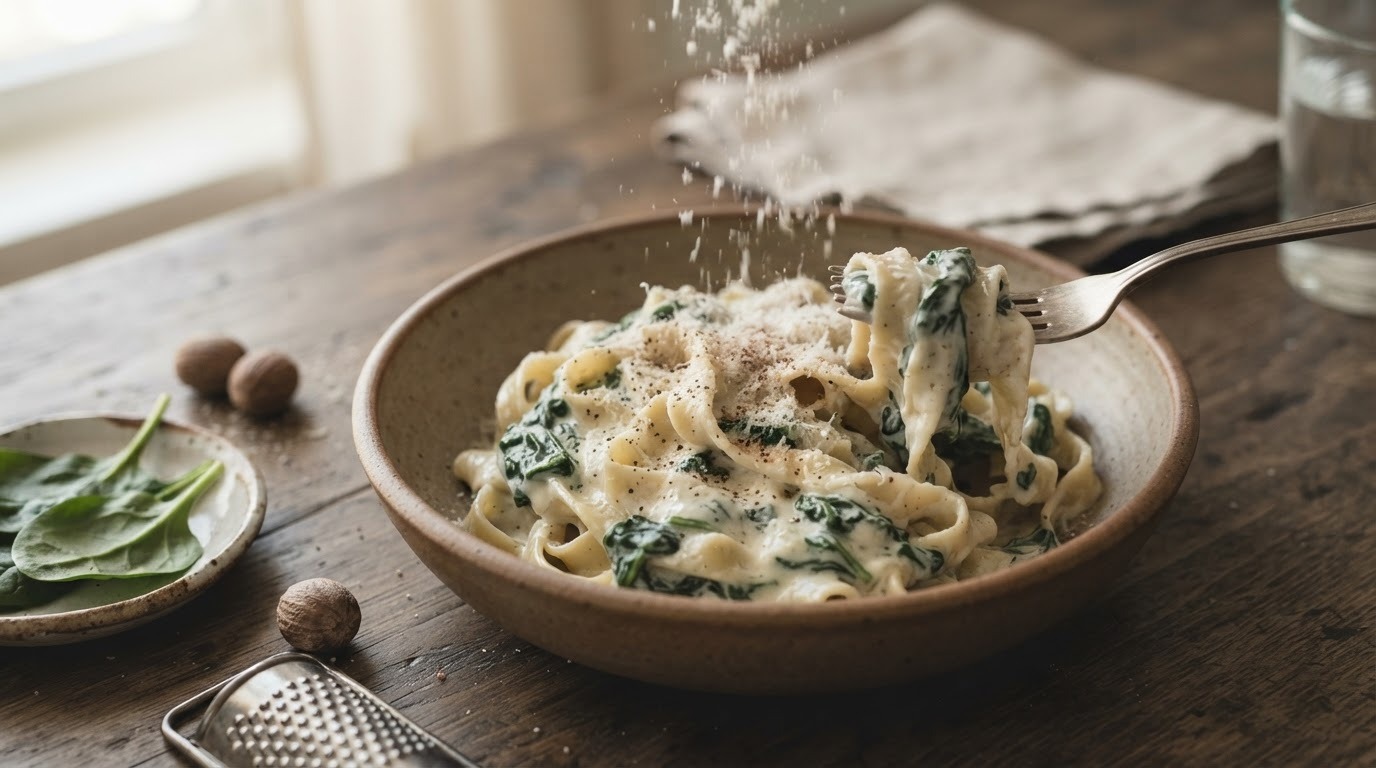 Tagliatelle met spinazie, mascarpone en parmezaanse kaas