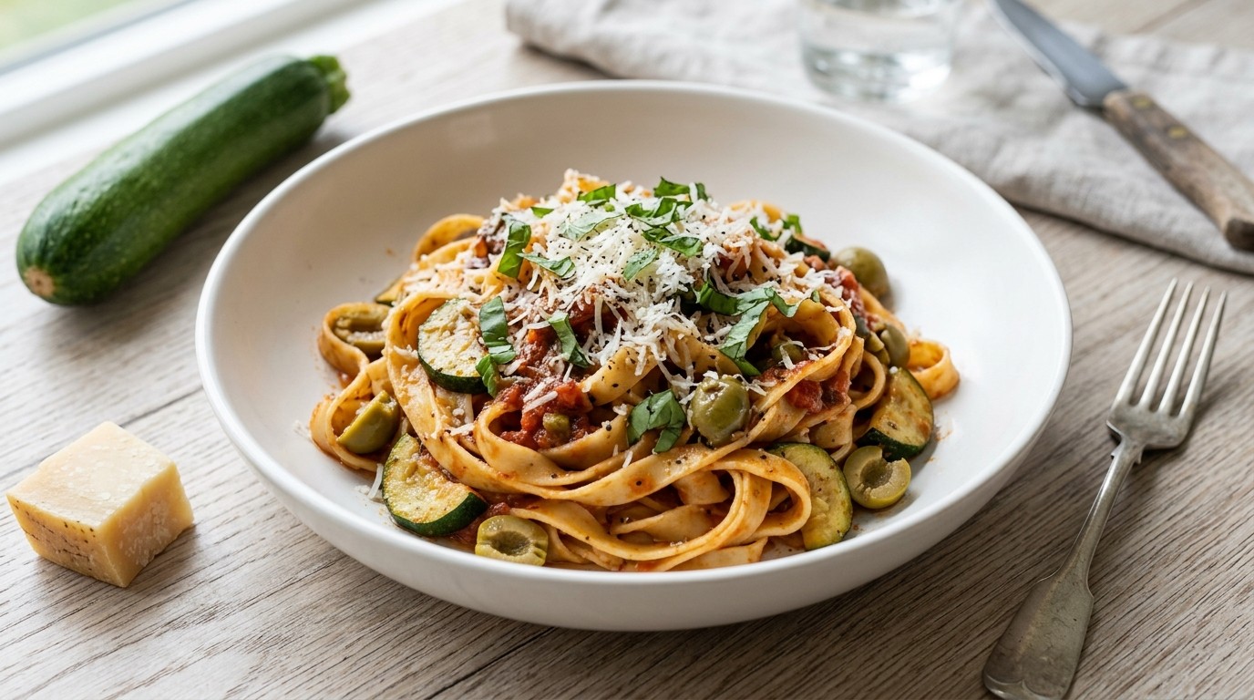 Tagliatelle met tomatensaus en groene olijven