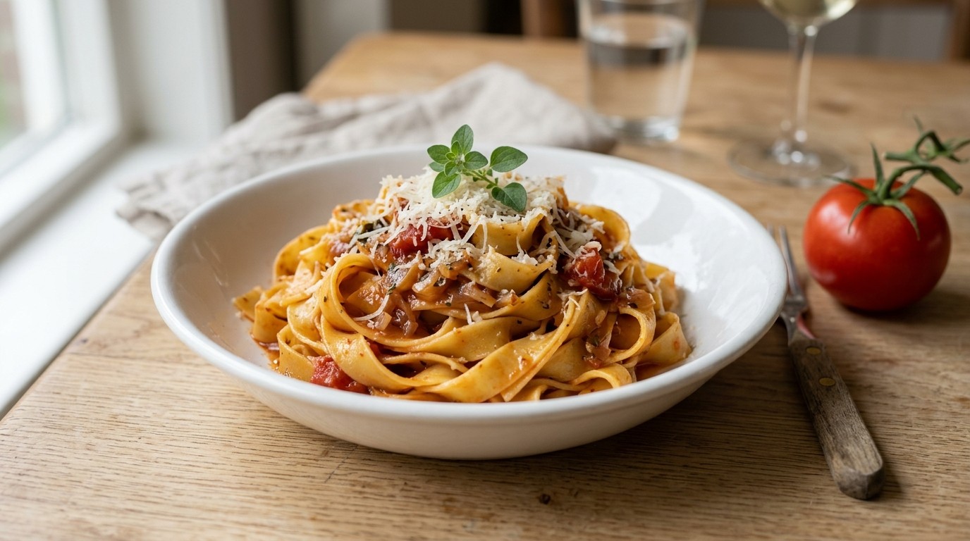 Tagliatelle met tomatensaus, sjalotjes en knoflook