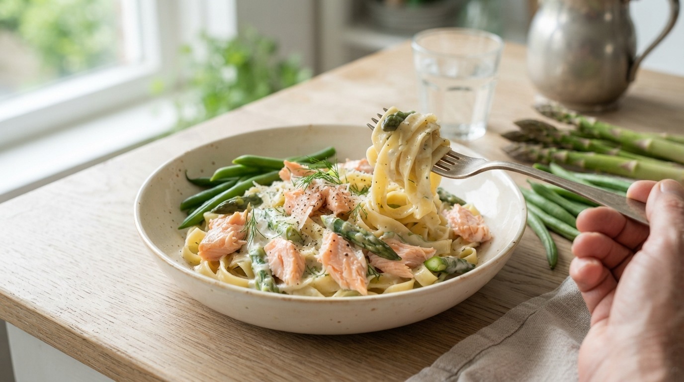 Tagliatelle met zalm en asperges