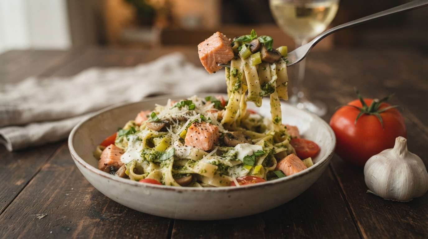 Tagliatelle met zalm en pesto