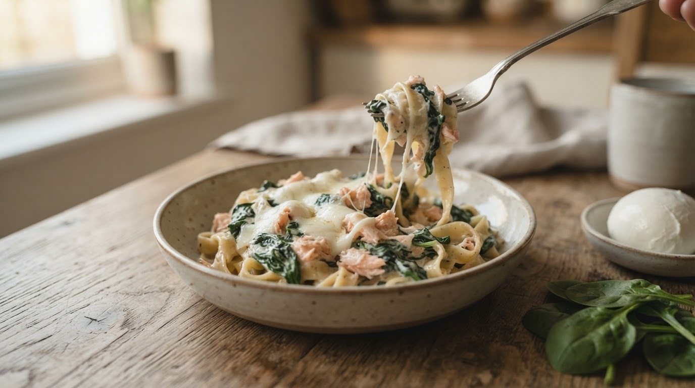 Tagliatelle met zalm en spinazie