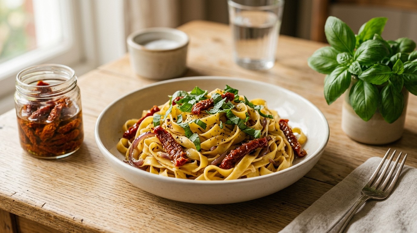 Tagliatelle met Zongedroogde Tomaten en Basilicum