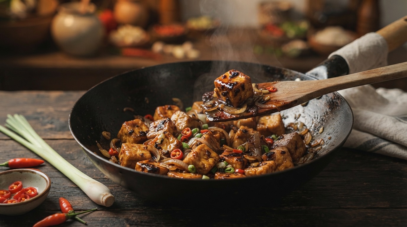 Tahu tumis ketjap (gebakken tofu in zoete ketjapsaus)