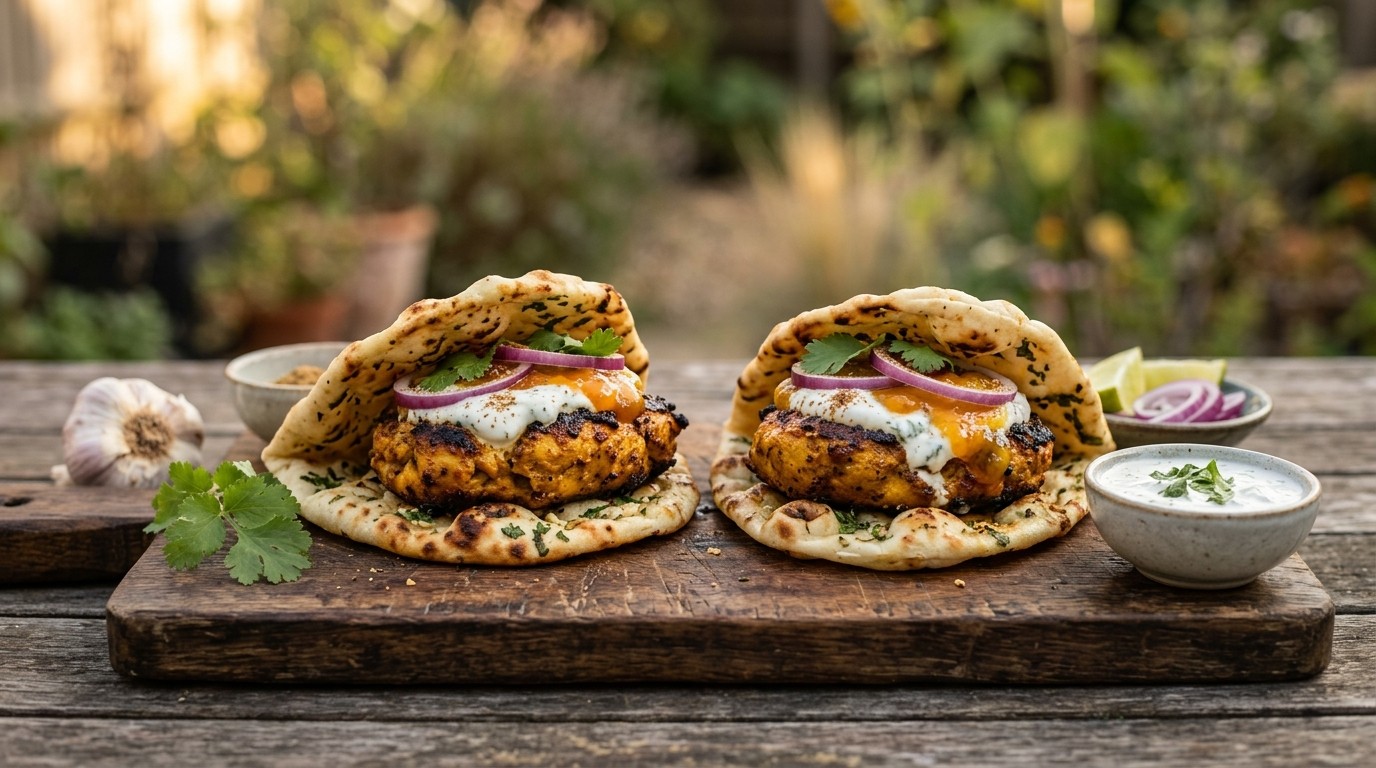 Tandorieburgers met naanbrood en mangochutney