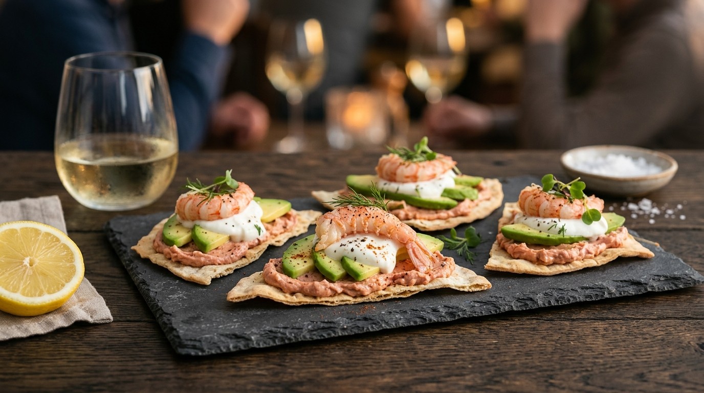 Tapa met garnalen boter, avocado en yoghurt