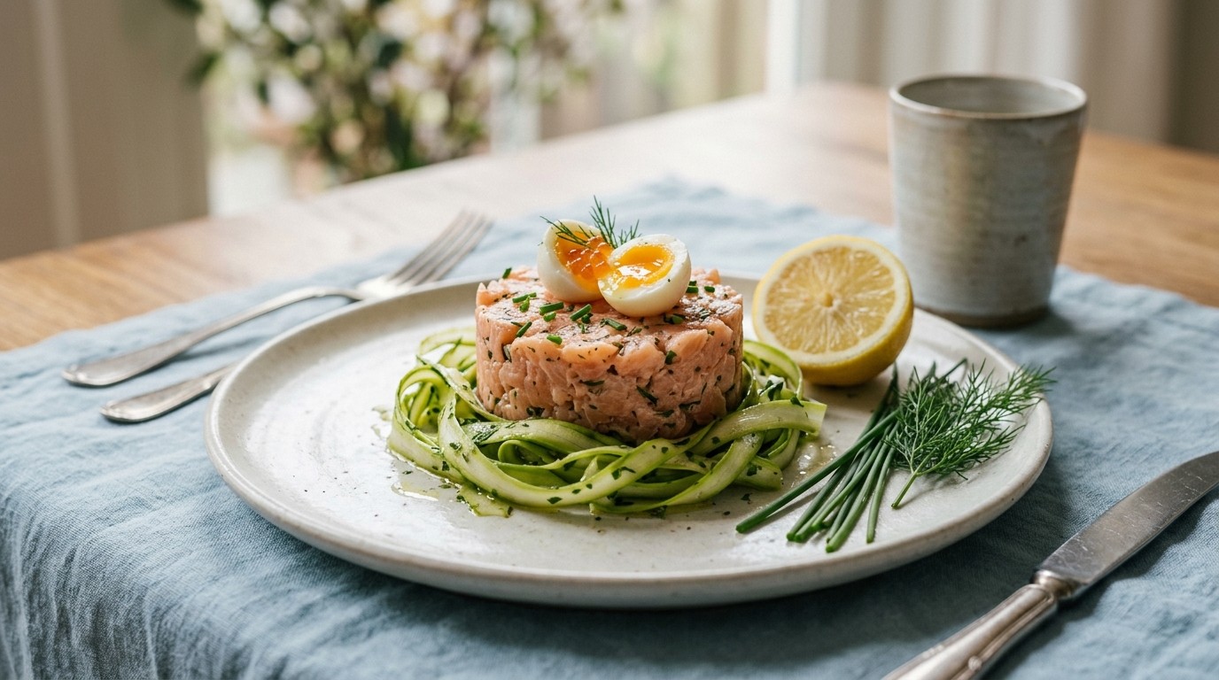 Tartaartje van wilde zalm met spaghetti van sliertasperge