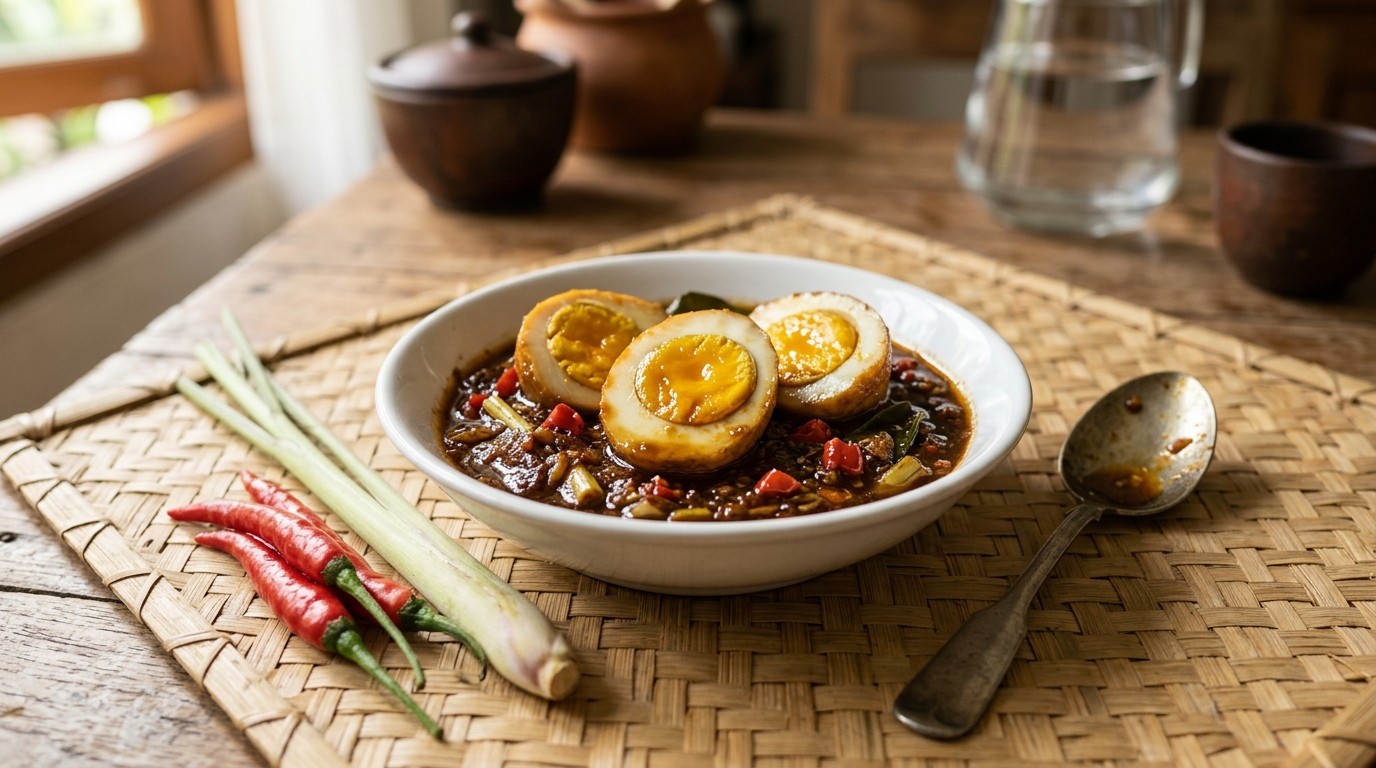 Telor Petis Udang (zeer Scherp Gekruide Eieren)