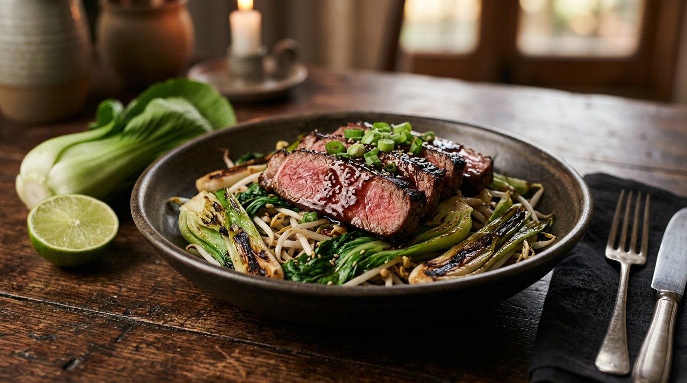 Terriyakisteak met Lente-uitjes en Paksoi