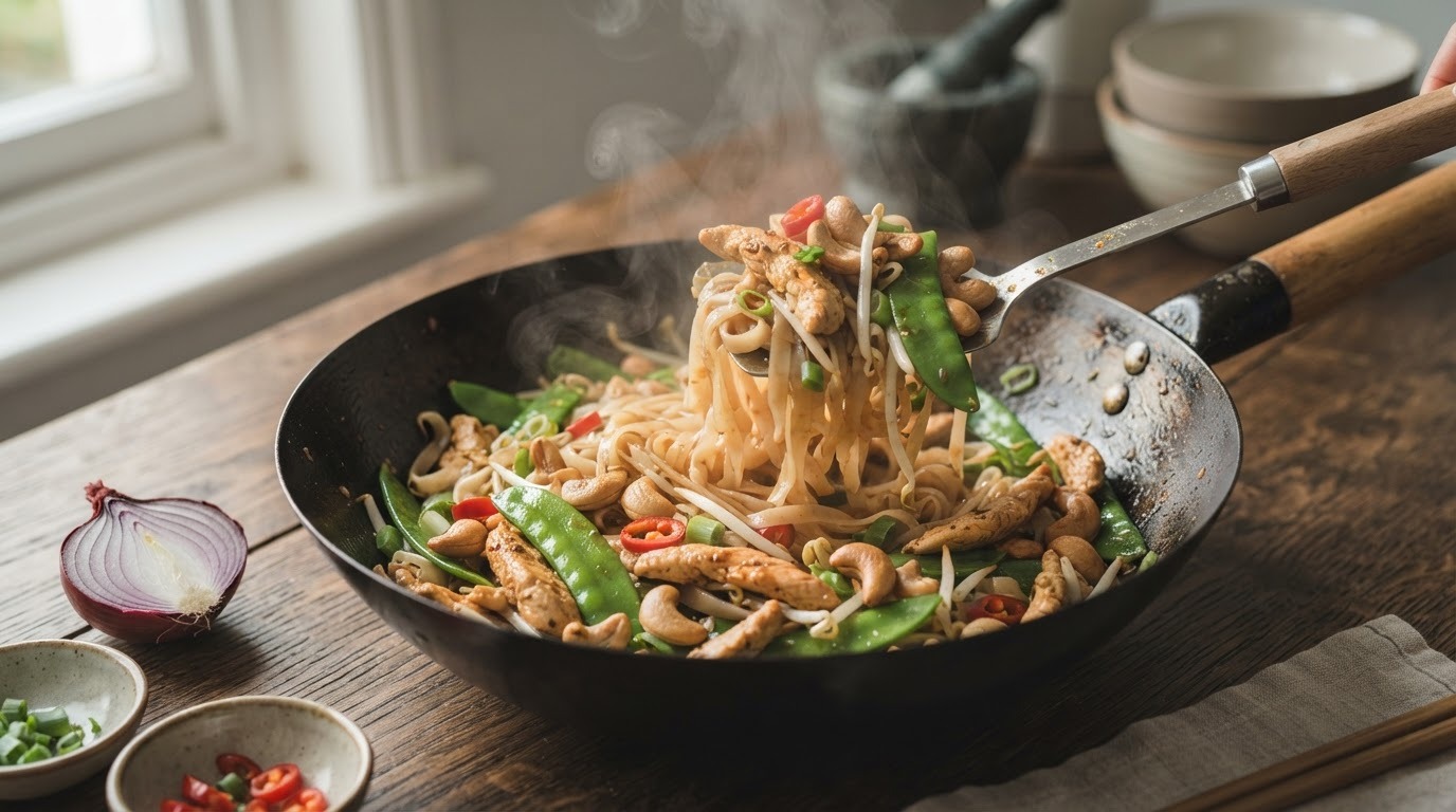 Thaise mie met peultjes en cashewnoten