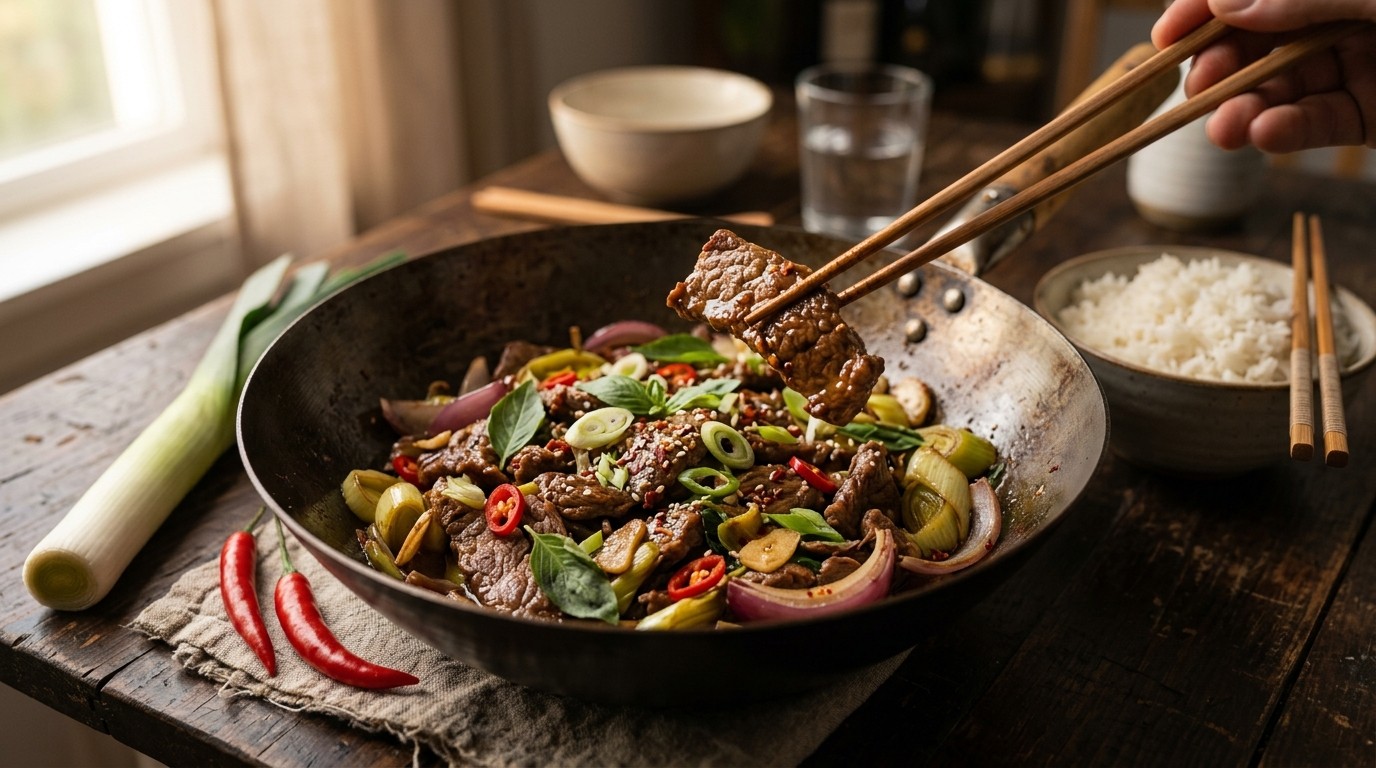 Thaise Roerbak van Runderreepjes en Prei