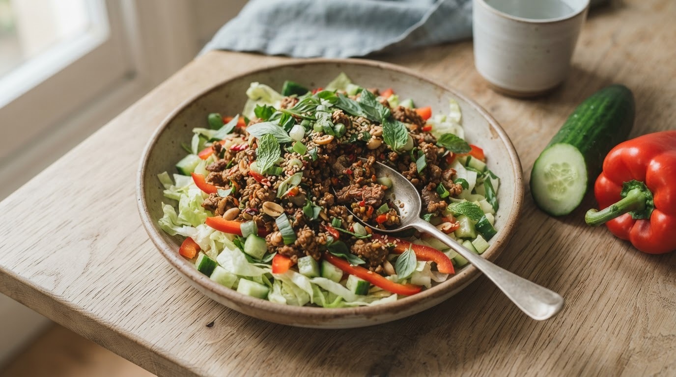 Thaise salade met gehakt uit de wok