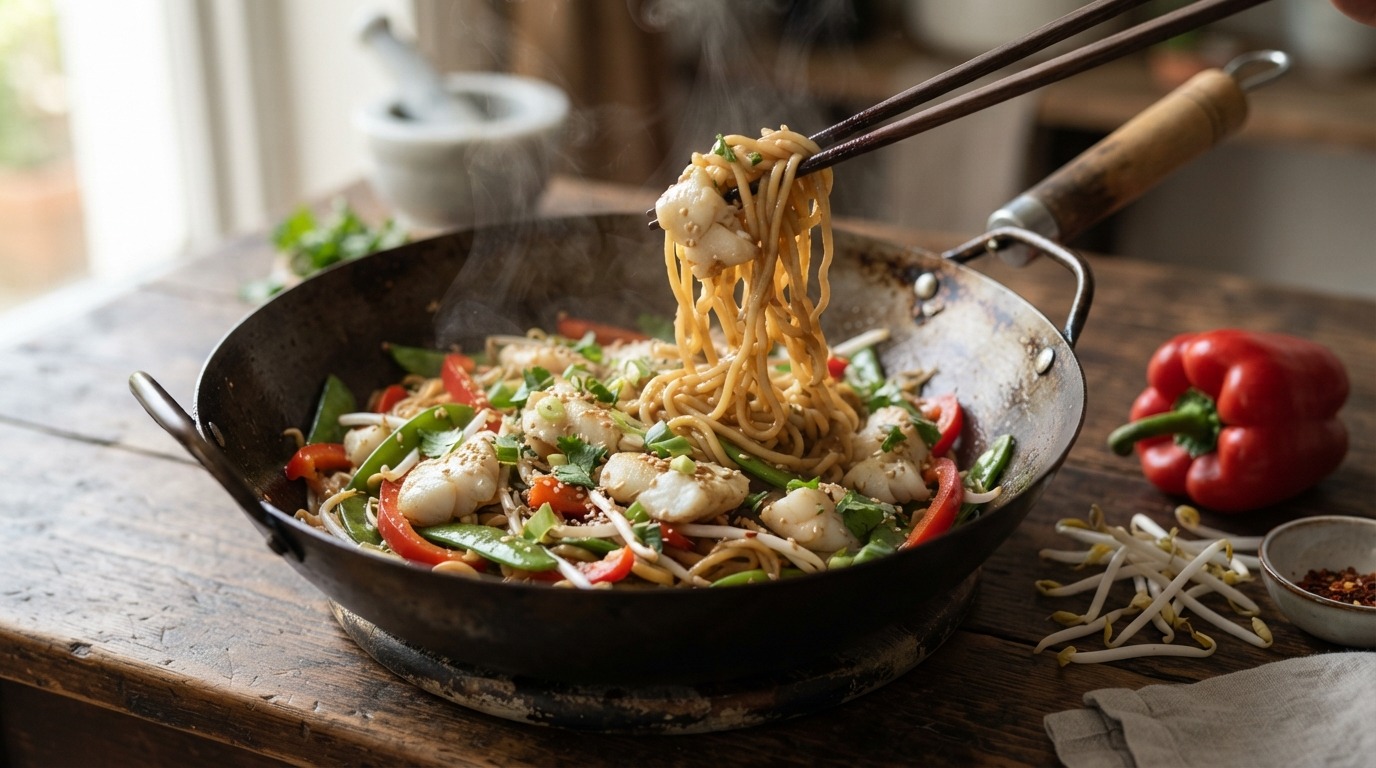 Tilapia uit de wok met mie