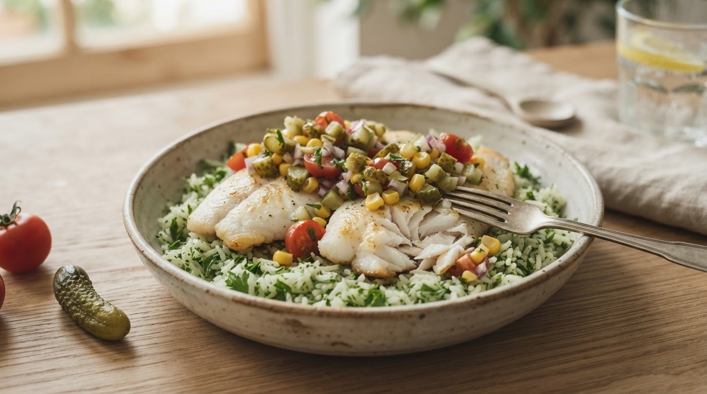 Tilapiafilets met augurkensalsa en peterselierijst