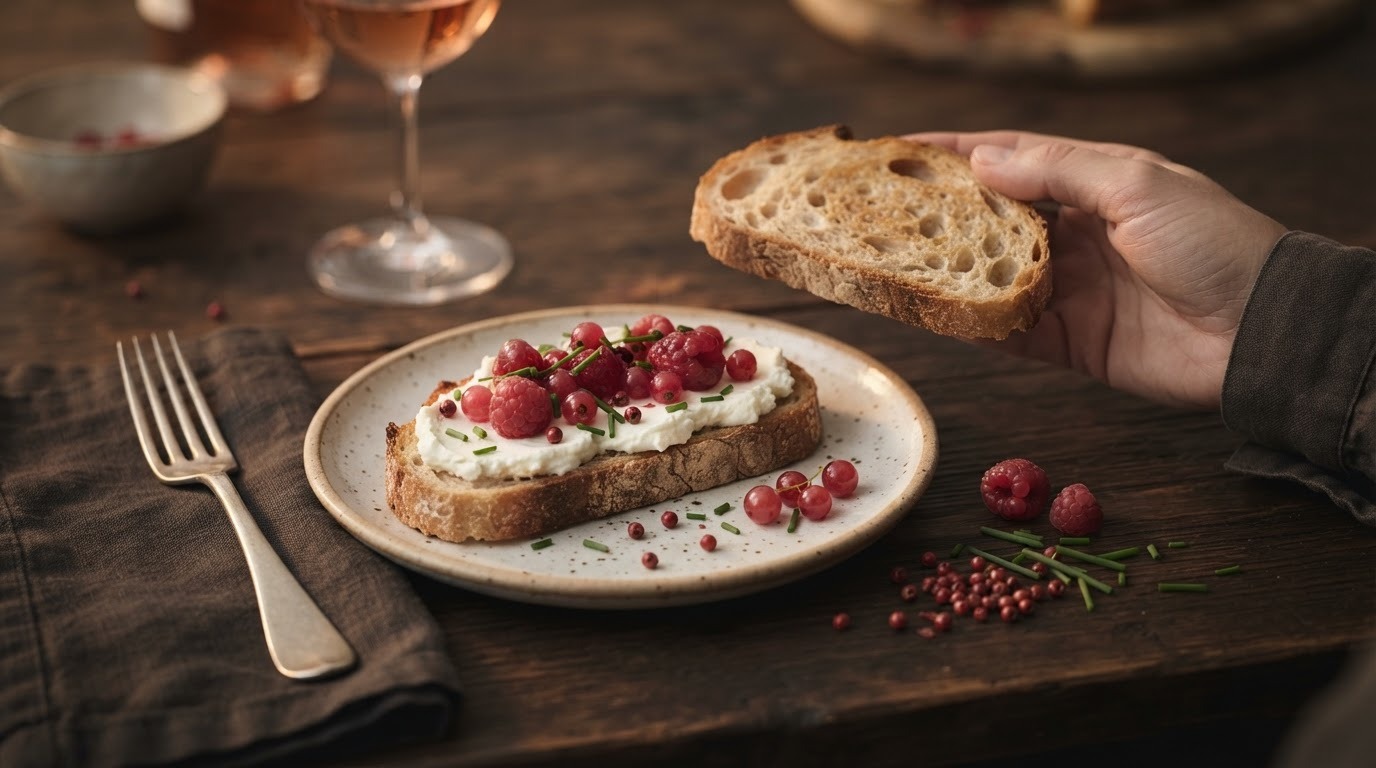 Toastje met geitenkaas en roze bessen