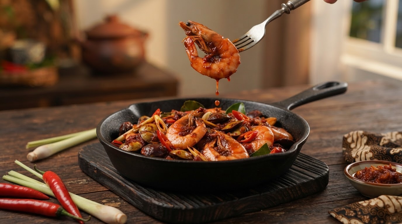 Toemis Udang Jengkol Pedis (Geroosterde garnalen in pittige saus)