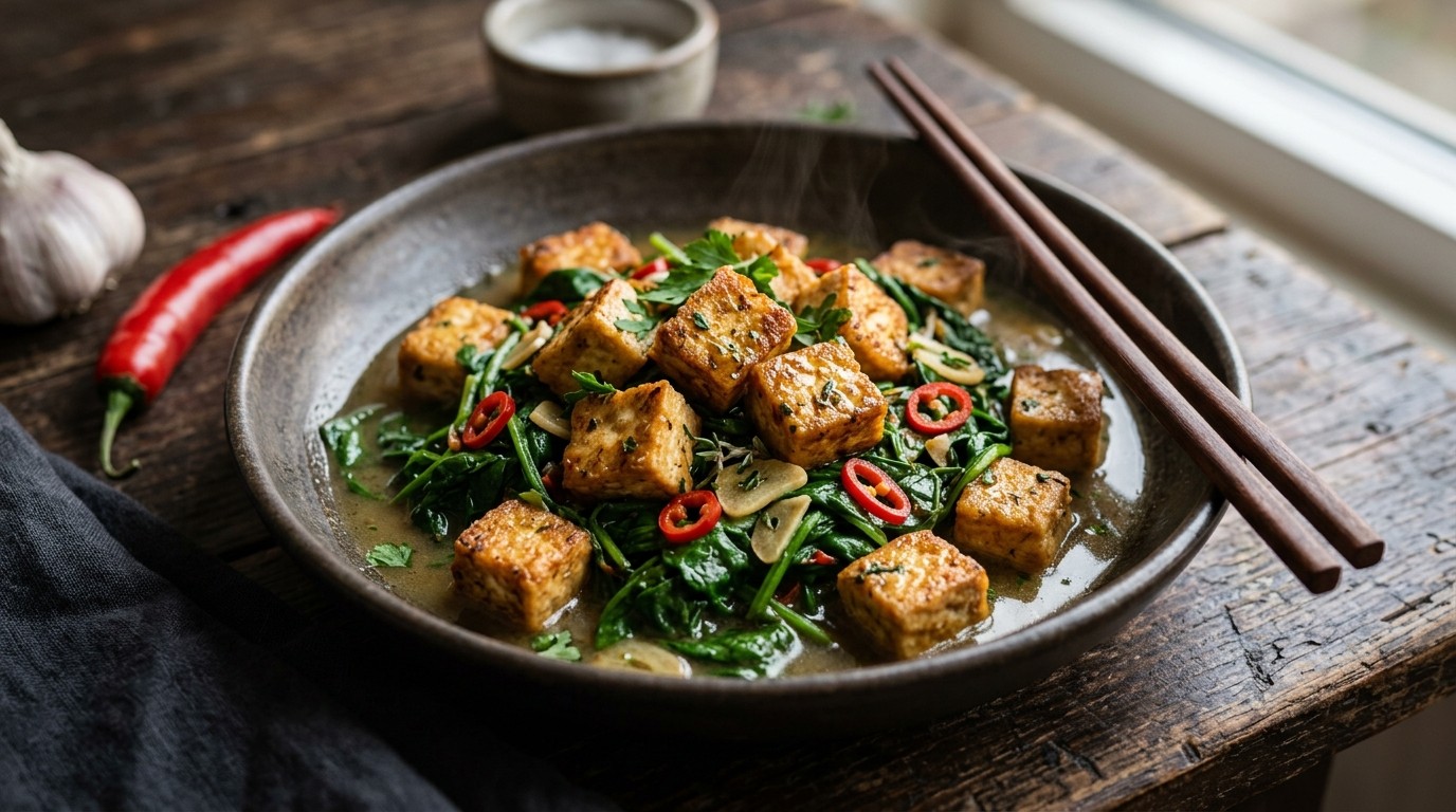 Tofu met spinazie en pepertjes