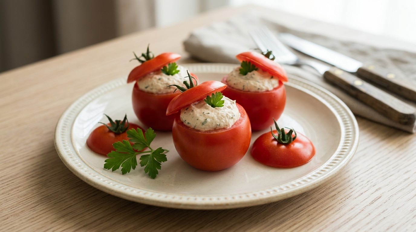 Tomaat gevuld met eendenmousse
