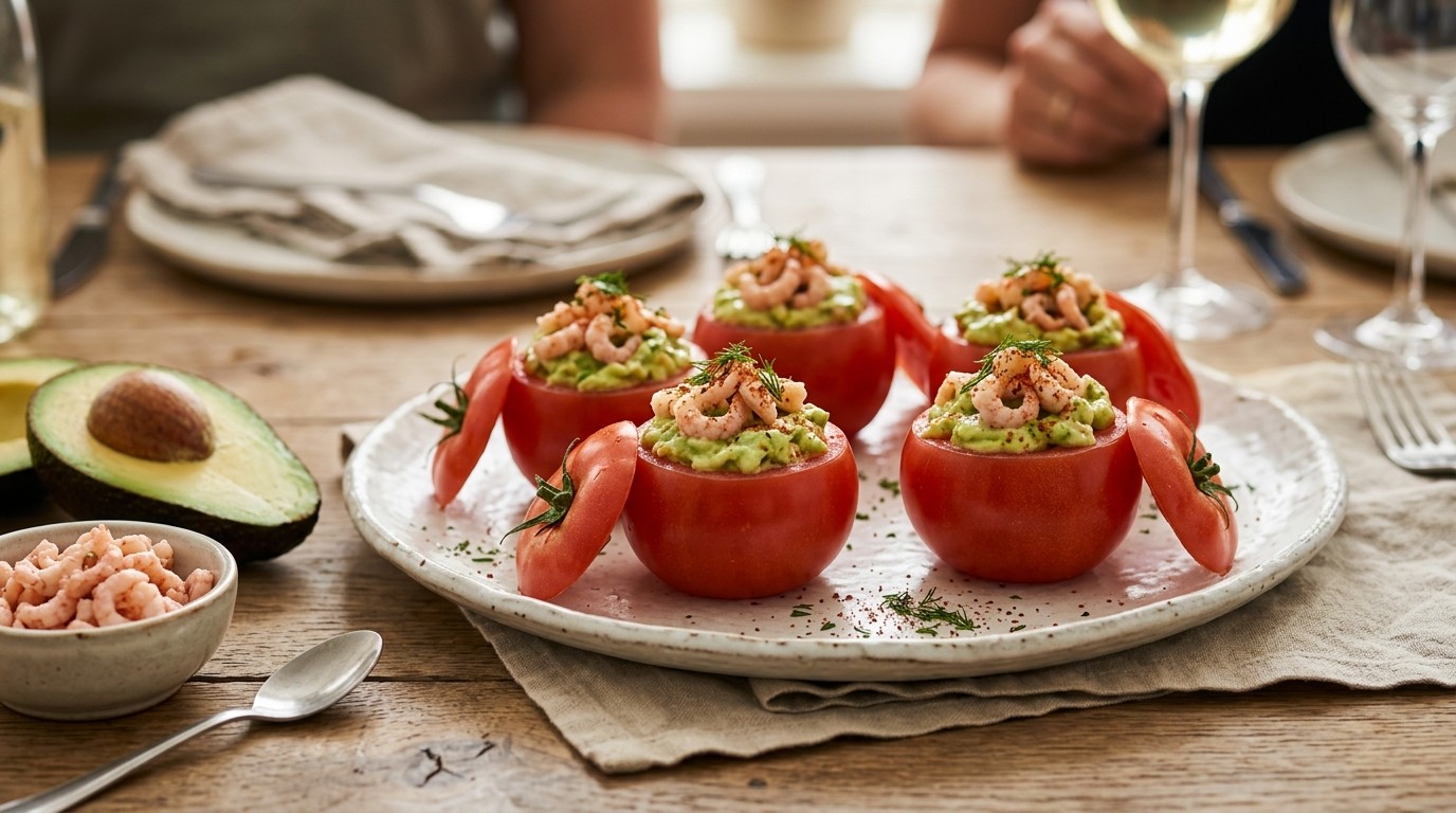 Tomaatjes gevuld met avocado en hollandse garnalen