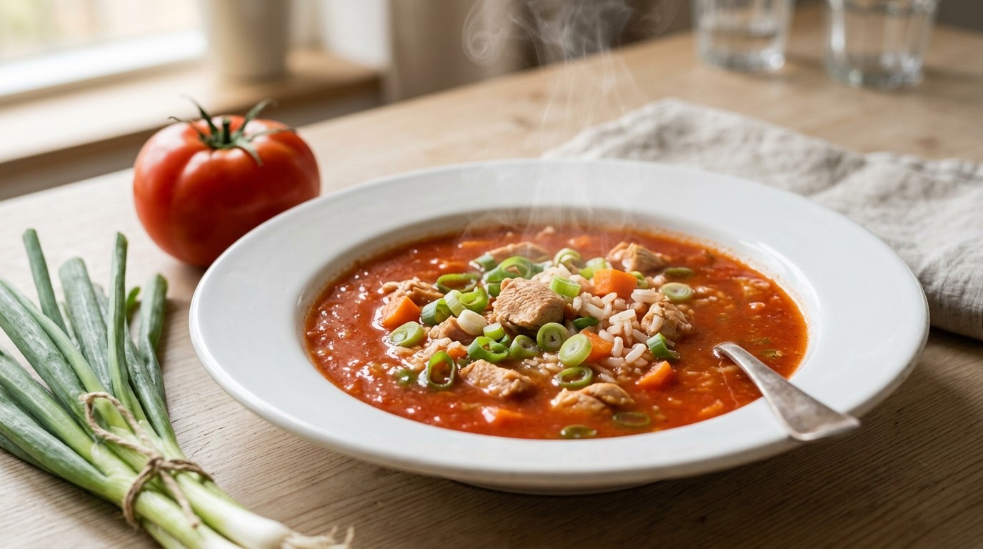 Tomaten-kippensoep met bosui, worteltjes en rijst