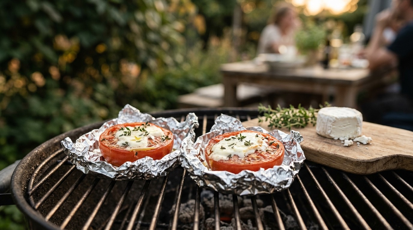Tomaten met geitenkaas in folie op de BBQ