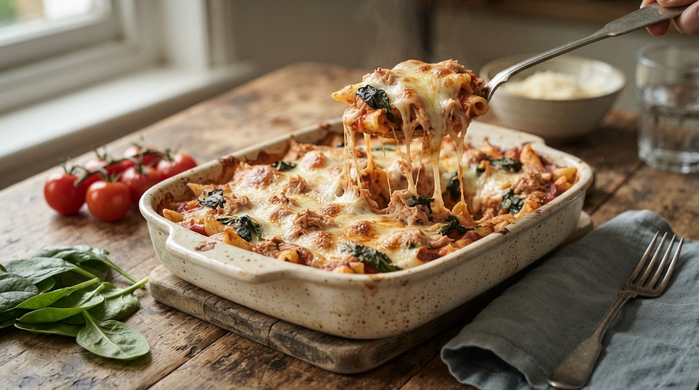 Tomaten-ovenpasta met tonijn en spinazie