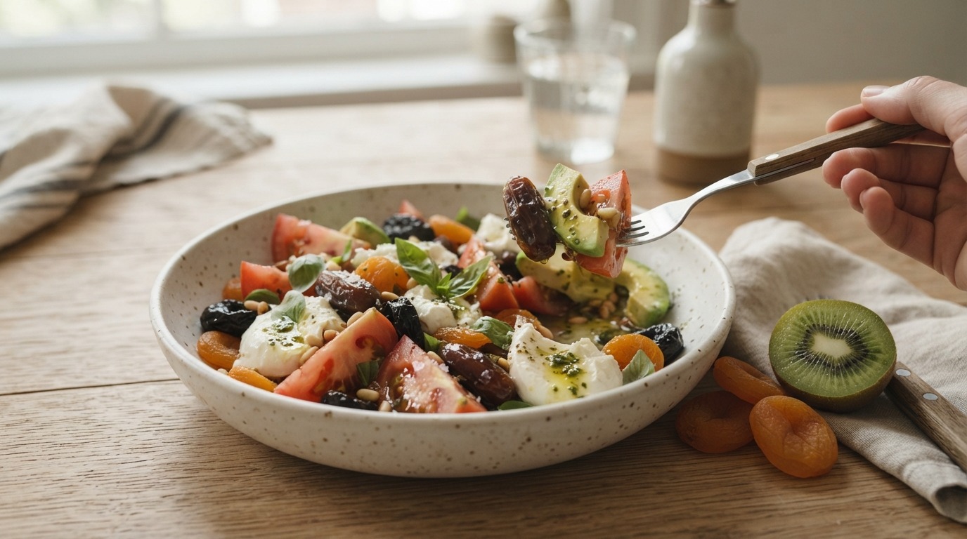 Tomatensalade met gedroogd fruit en mozzarella