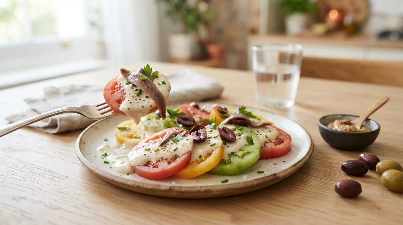 Tomatensalade met yoghurt-mosterdsaus