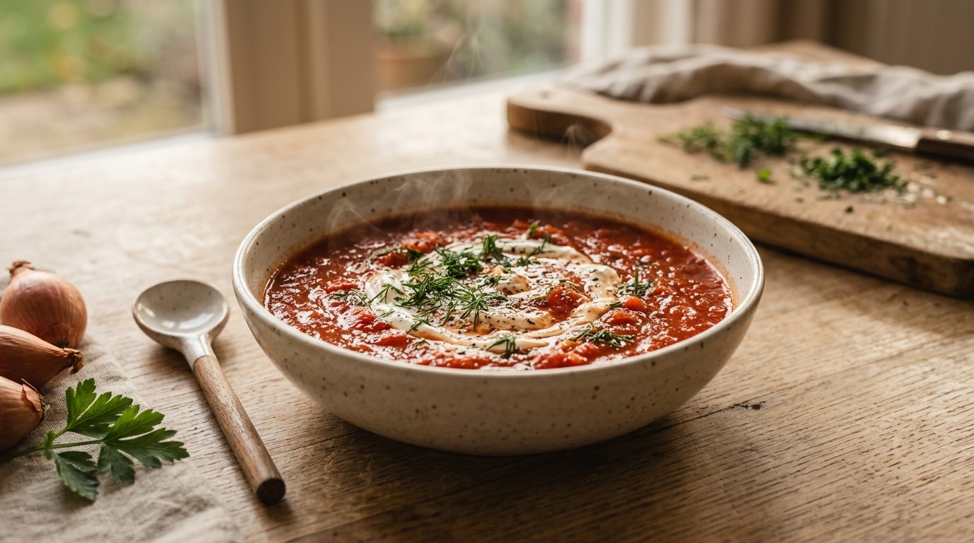 Tomatensoep met Creme Fraiche, Knoflook en Dille