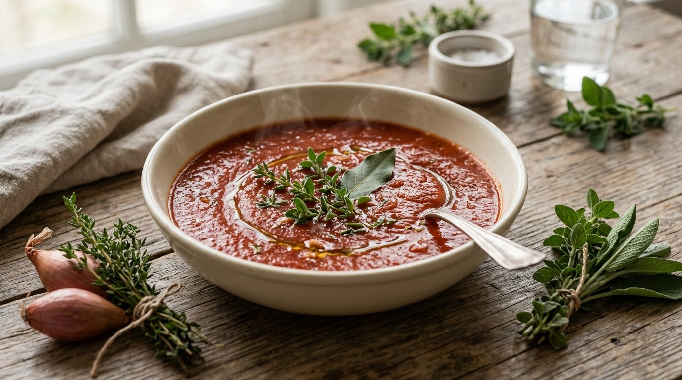 Tomatensoep met sjalotjes en tuinkruiden