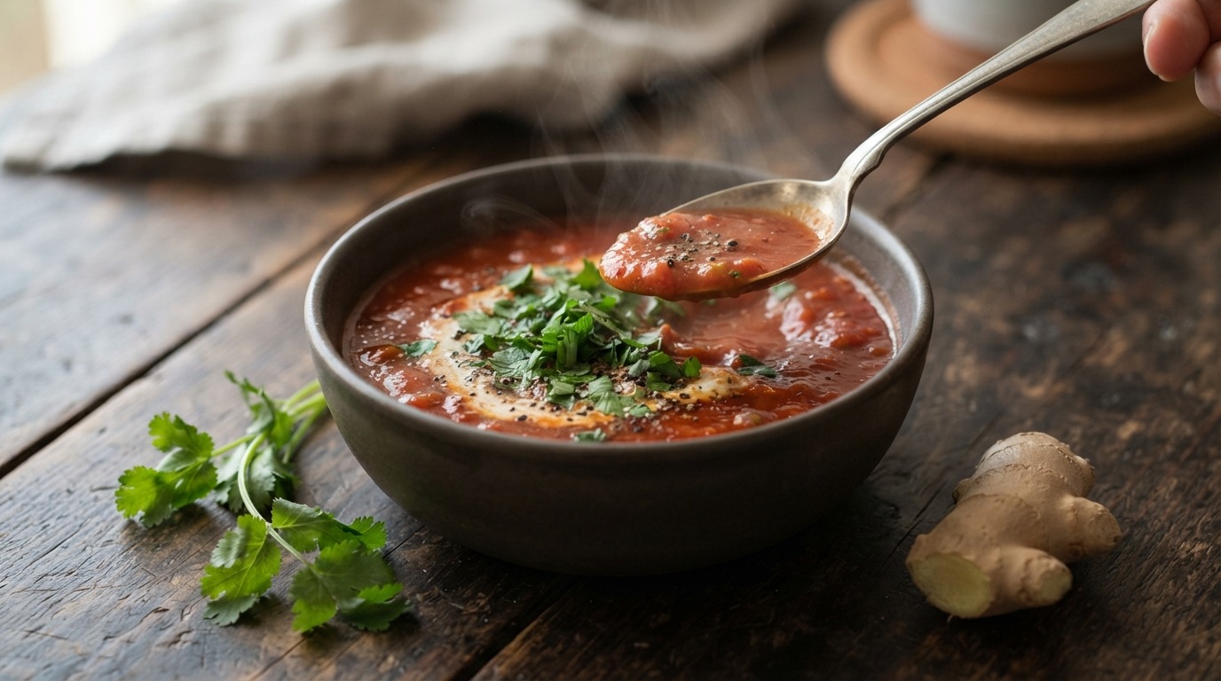 Tomatensoep met verse peterselie en koriander