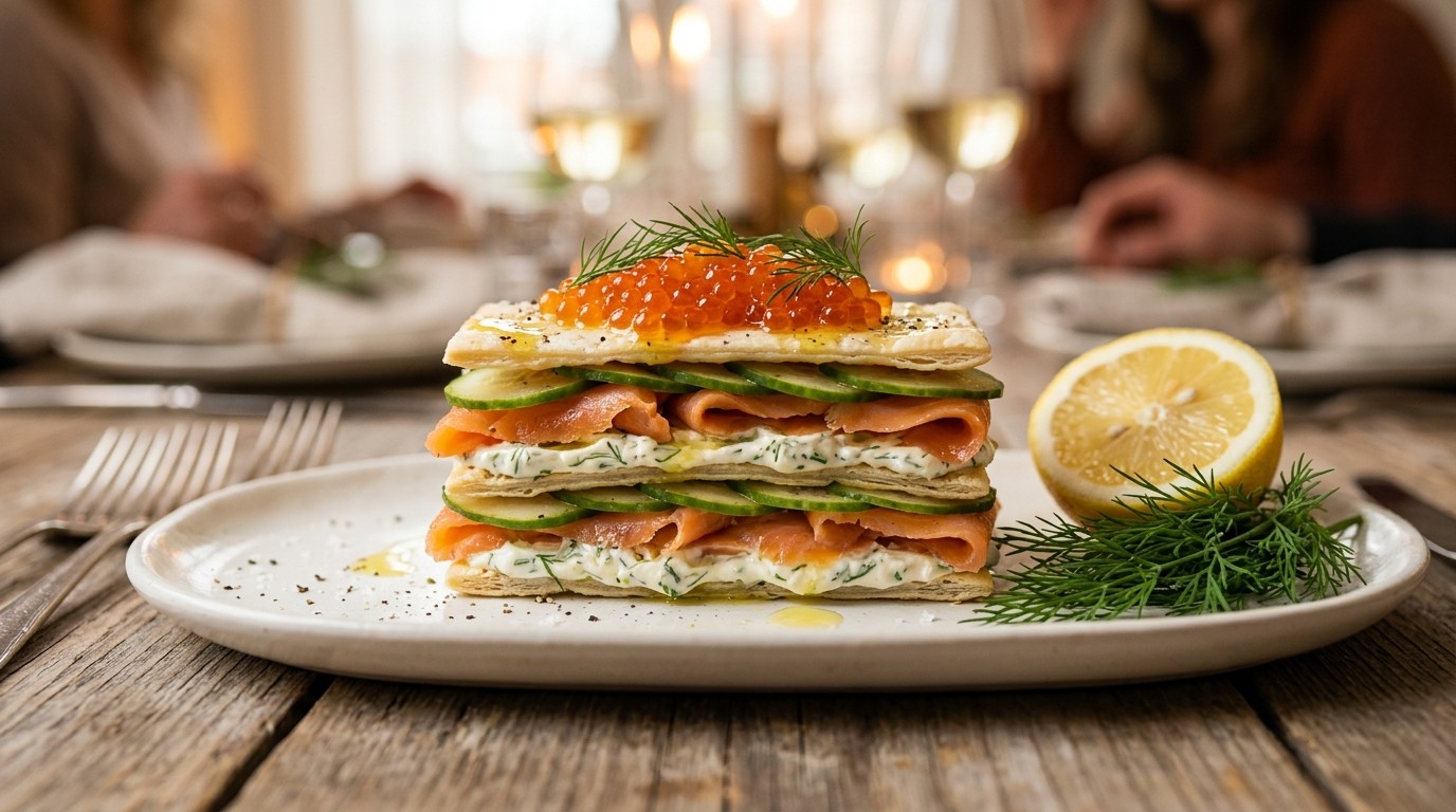 Tompouce van komkommer en gerookte zalm