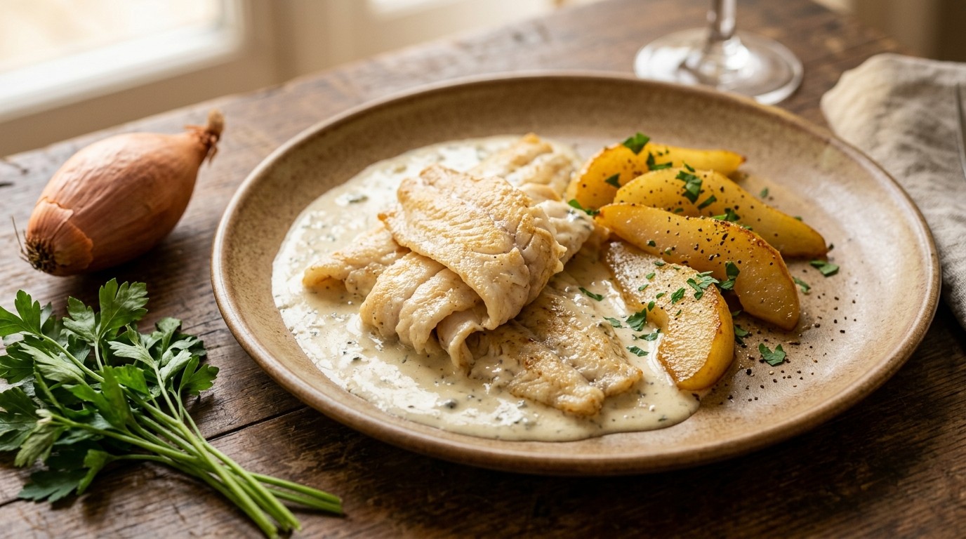 Tongreepjes met Bleu d' Auvergnesaus en gebakken peer