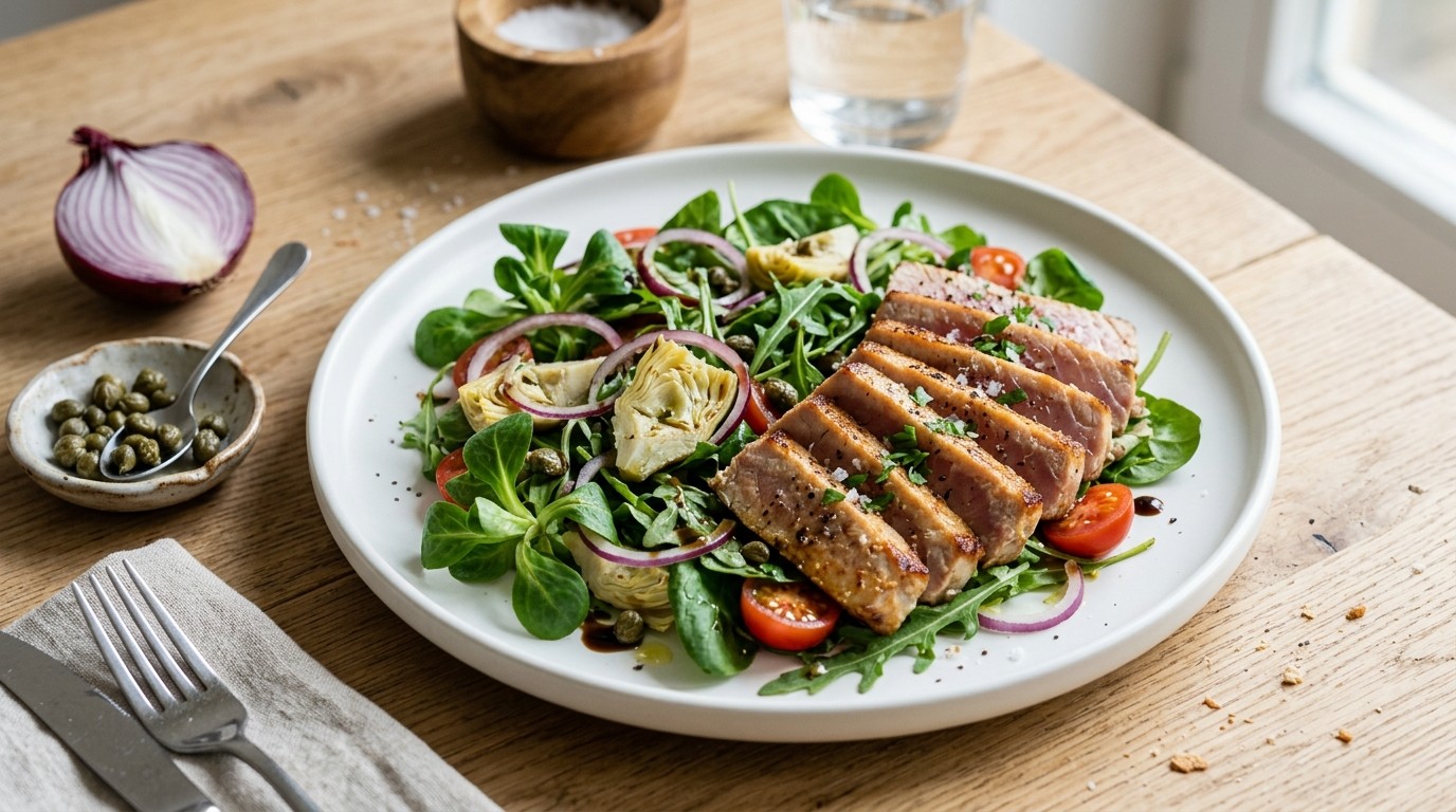 Tonijn op groene salade