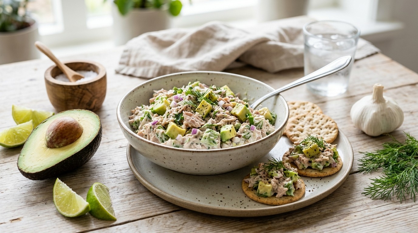 Tonijnsalade met advocado en yoghurt knoflooksaus