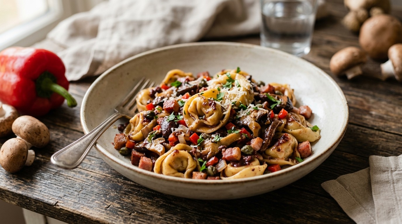 Tortelini met Champignons, Spekjes en Tapenade